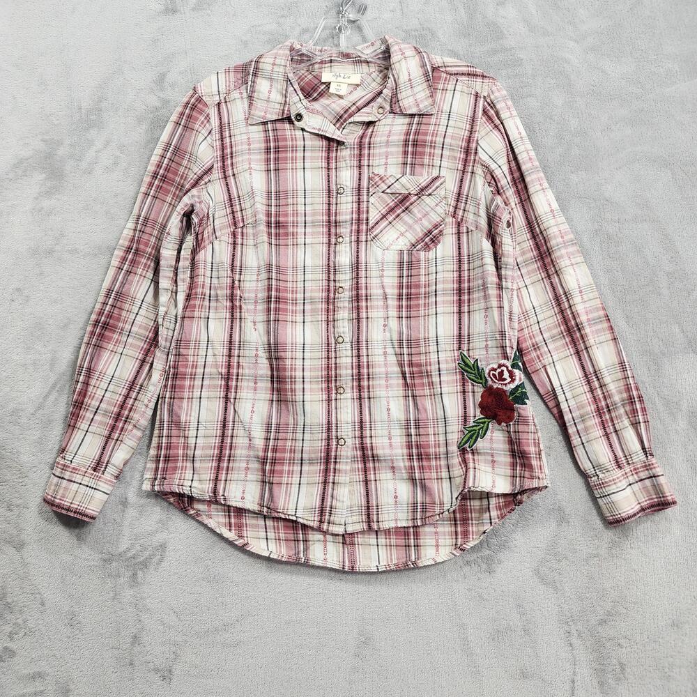 Style&co. Shirt Womens XS Pink Plaid Embroidered Rose Snap Button Long Sleeve
